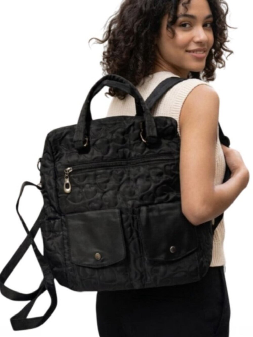 Black Heart Quilted Backpack Tote Bag Convertible Multi-Pocket Shoulder Handbag